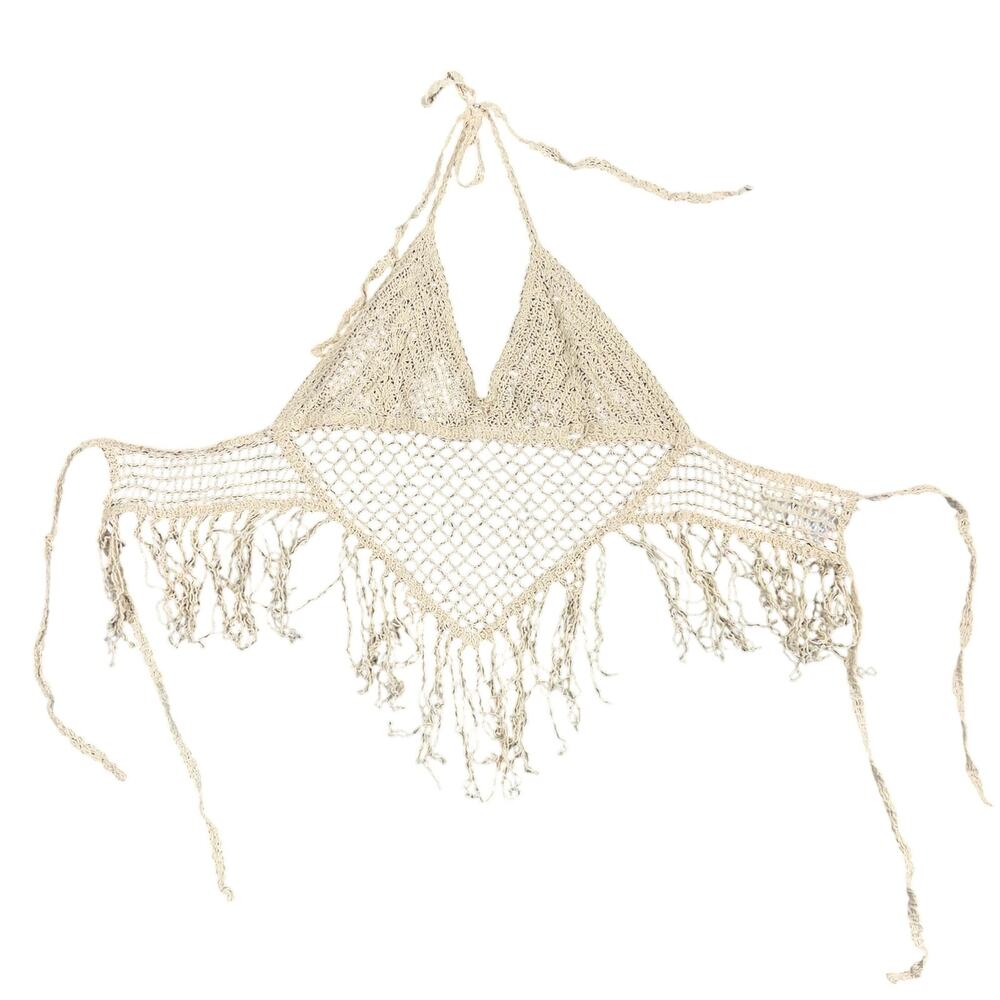 Julia by Love J Crochet Halter Top Beige Natural Cotton Boho Fringe Festival NWT - Picture 2 of 8